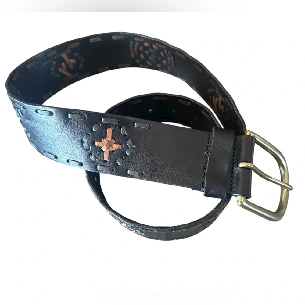Linea Pelle Brown Cutout Inlay Leather Brass Buckle Women’s Belt Boho Chic Large